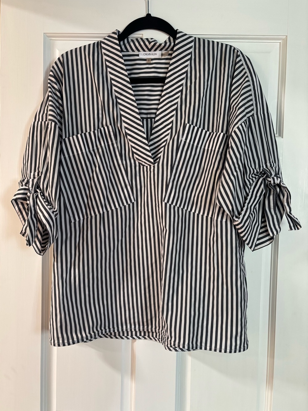 Calvin Klein Grey & White Vertical Stripe V-Neck Tunic with Tie Sleeves